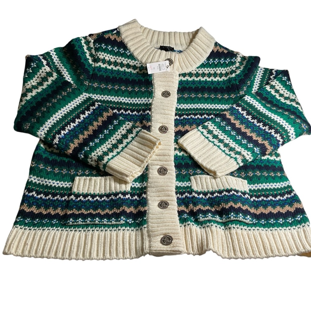 Talbots Fair Isle style green/cream/blue/tan striped Cardigan. 1X. NWT - Picture 5 of 14